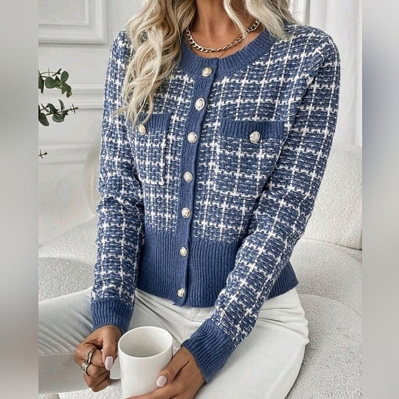 New Chic Plaid Tweed Knit Cardigan Sweater Blue White - Picture 2 of 8